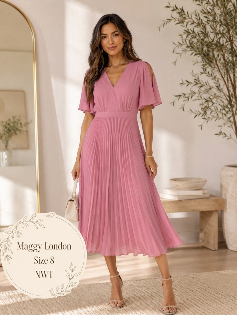 Maggy London NWT Rose Pink Pleated Midi Dress Size 8